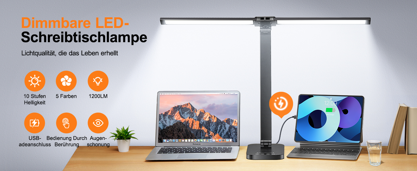 Настільна лампа One Fire з адаптером, 1000 люмен, 96 LED, диммування, для навчання дітей, з таймером та функцією пам'яті, денне світло, білий/чорний колір