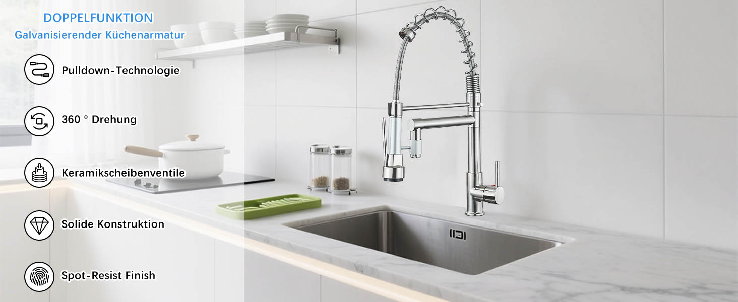 Кухонний змішувач з двома виливами, поворотний на 360°, з високим виливом та спіральною шланговою насадкою. Змішувач для кухні з нержавіючої сталі, оброблений під мідь (щіткова обробка).