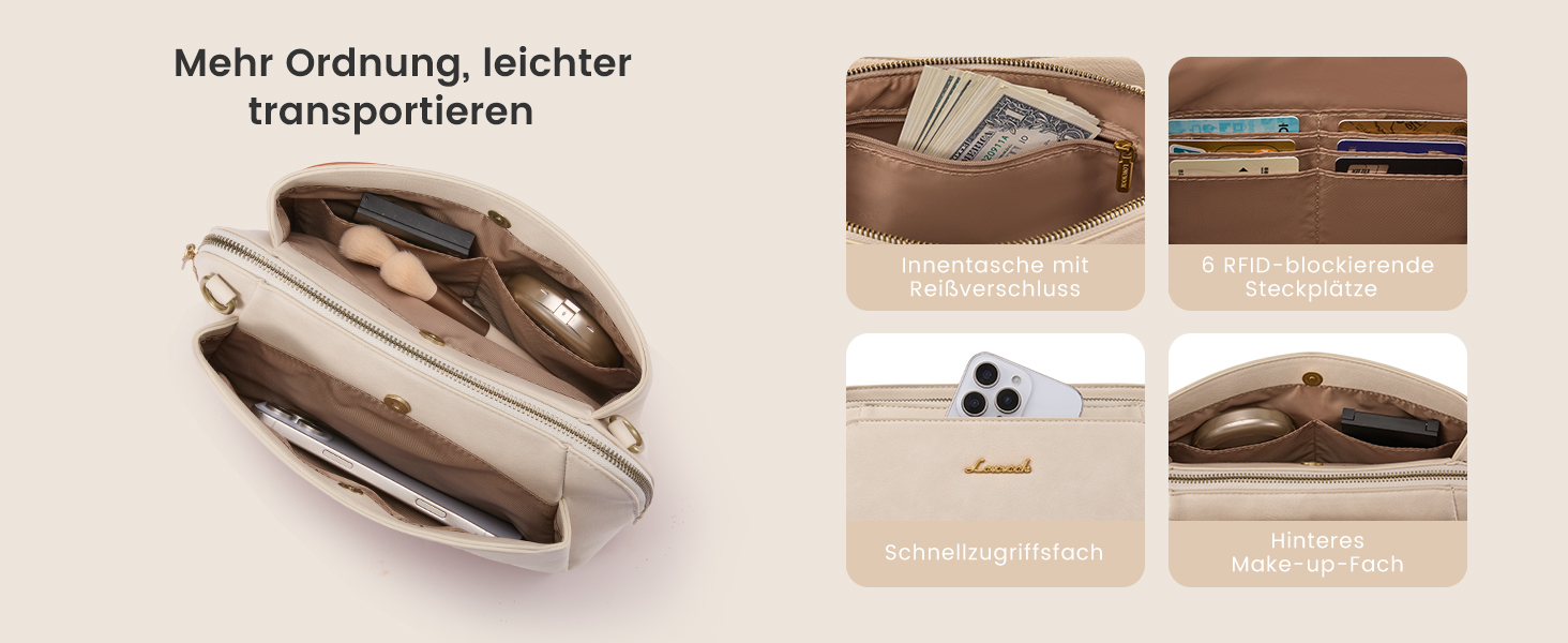 Сумка жіноча LOVEVOOK через плече, бежева: кросбоді, сумка середнього розміру, RFID-захист, 2 ремені 25x15x9 см