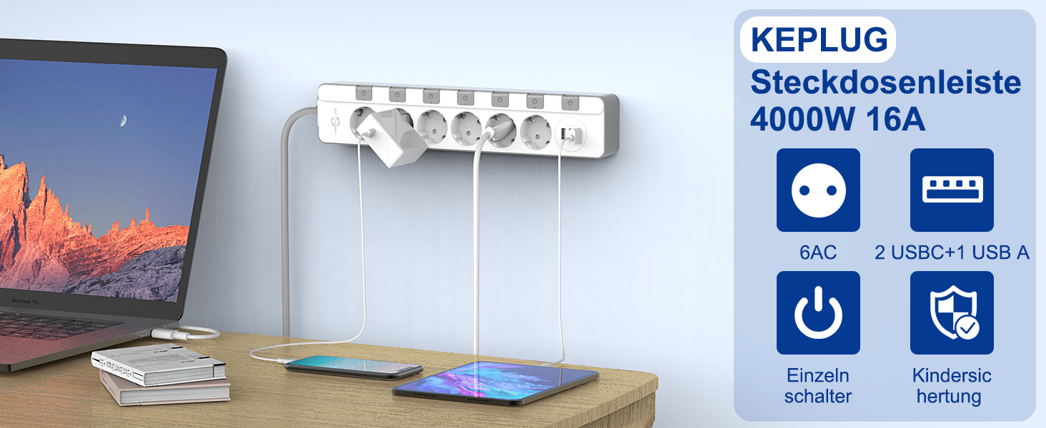 Мережевий фільтр KEPLUG з USB, 4000W, 16A, 6 розеток, білий