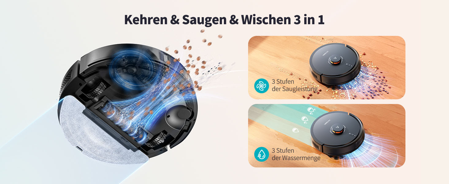 Робот-пилосос Airzeen Q10 Pro S з вологою, 6000Pa, LiDAR, керування через APP та Alexa, для дому, килимів, шерсті тварин, чорний