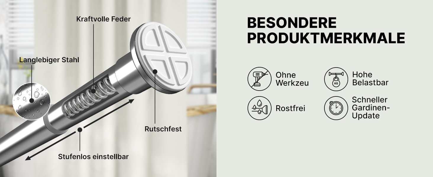 Штанга для карнизів без свердління, діаметр 25 мм, телескопічна - для душу, вікон, кімнат, кухні (70-120 см, 90-160 см), нержавіюча сталь срібна