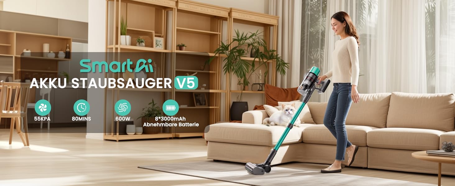 Бездротовий акумуляторний пилосос SmartAI V5 з автоматичним режимом, 55Kpa, 600W, 80 хвилин роботи, для килимів, шерсті тварин та твердих поверхонь