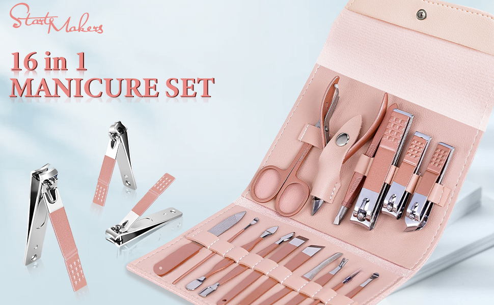 Набір для манікюру та педикюру 16 в 1: професійний набір для манікюру та педикюру з нігтьовими кусачками та ножицями, рожевий