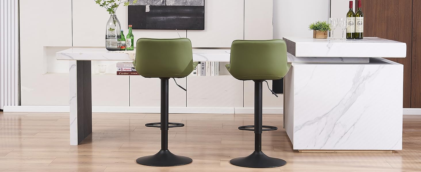 YOUNIKE Adjustable Bar Stools 2-Pack - Modern Kitchen Barstools with PU Leather Upholstery, Swivel Metal Bar Chairs for Counter/Island (Green)