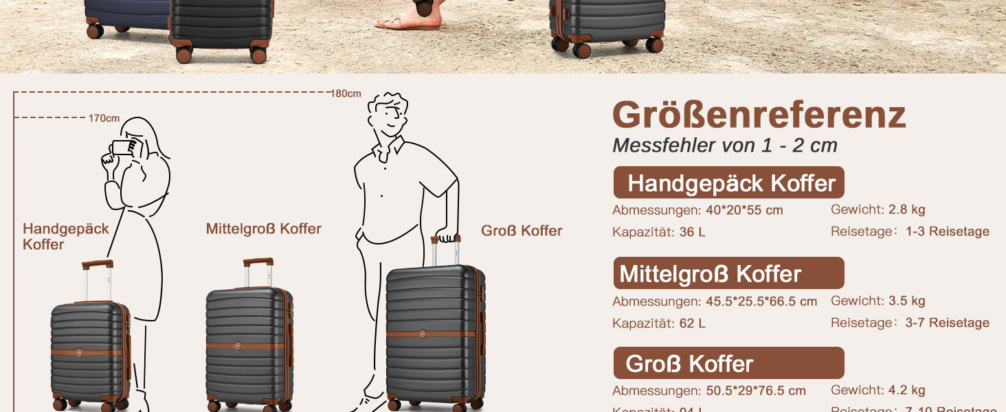 Набір валіз KONO 3 в 1: Trolley, ABS+PC, з коліщатами та кодовим замком (Сірий/Коричневий)