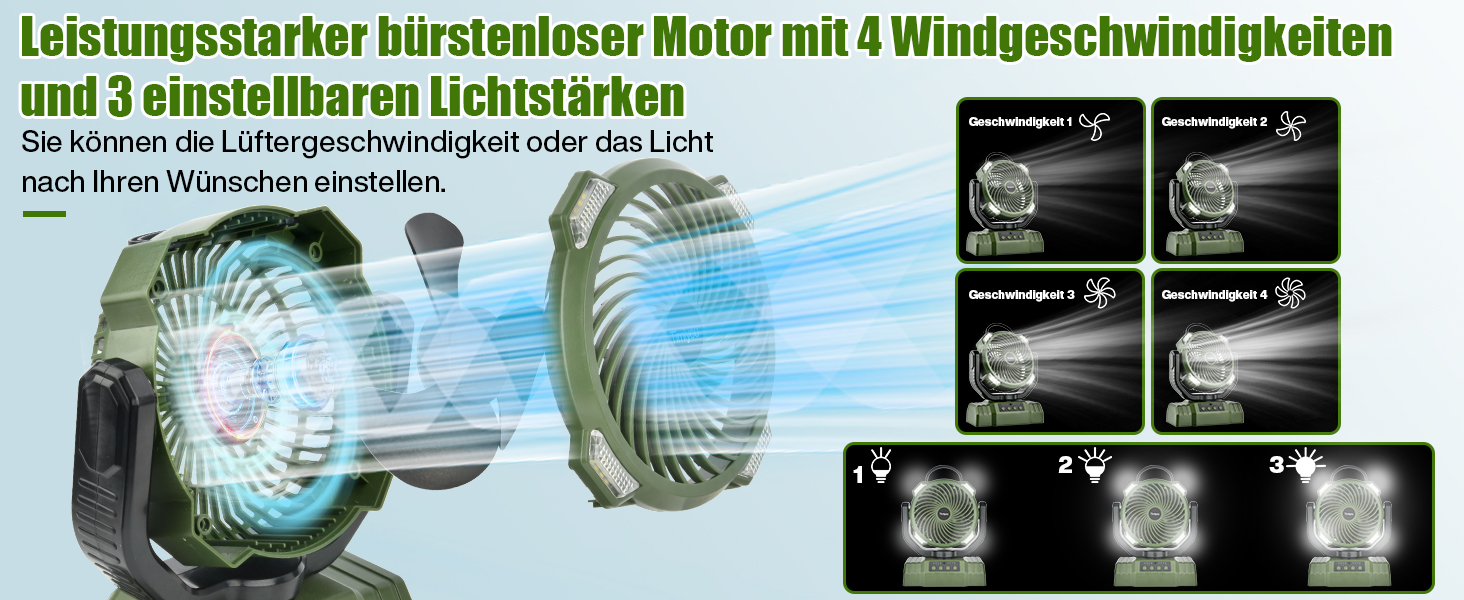 Портативний вентилятор для кемпінгу з акумулятором 10000mAh, LED-ліхтар, 270° обертання, USB-зарядка, для намету, риболовлі, офісу (зелений)