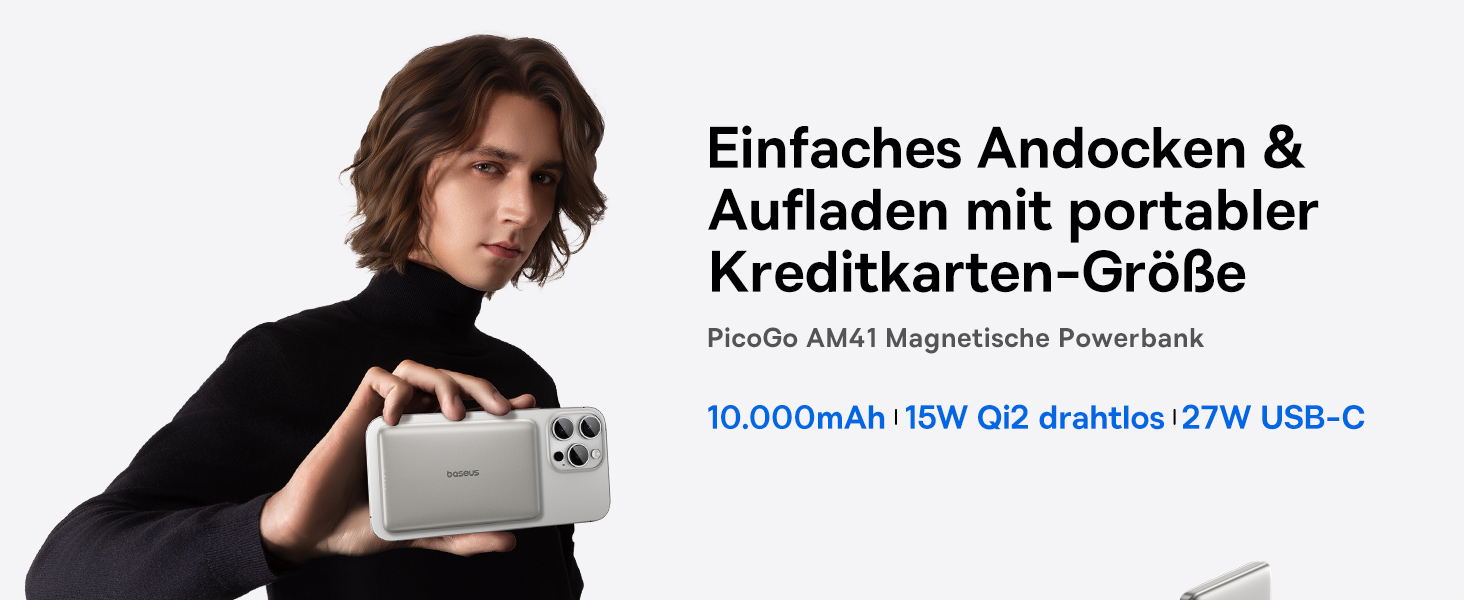 Power Bank Baseus Picogo AM41: Тонкий Qi2 Magsafe павербанк 15W, PD 27W, 10000mAh, USB-C, для iPhone 17/16/15/14/13/12 (Титановий)