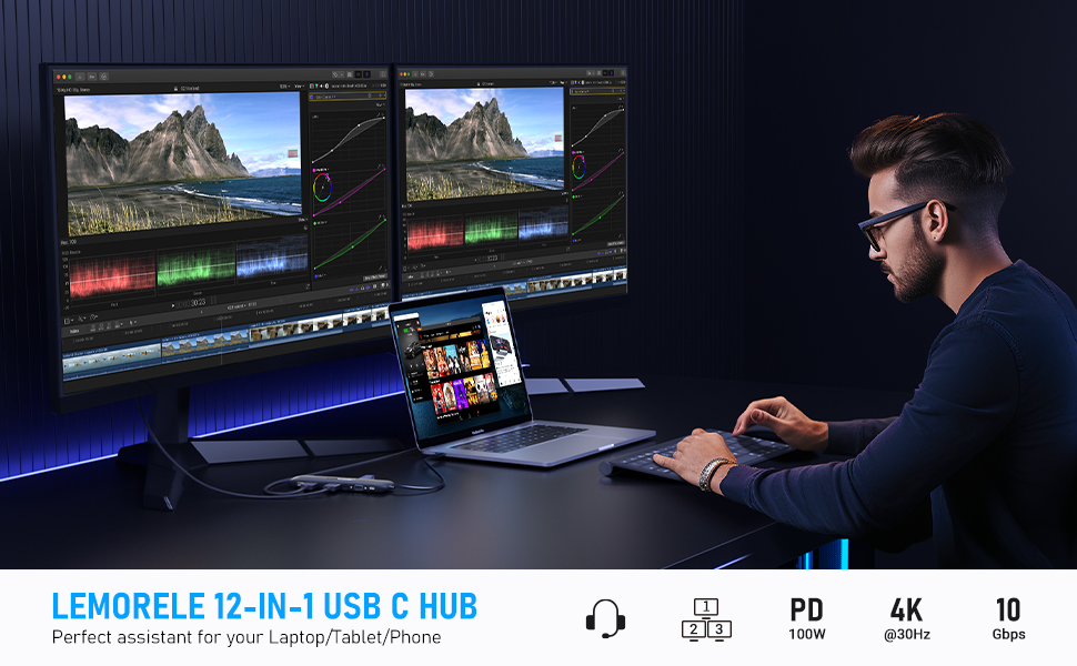 Lemorele Док-станція 12-в-1 з USB-C, 10Gbps, Dual 4K HDMI, VGA, USB 3.1/2.0, 100W PD, SD/TF, Audio для Windows, MacBook, Dell