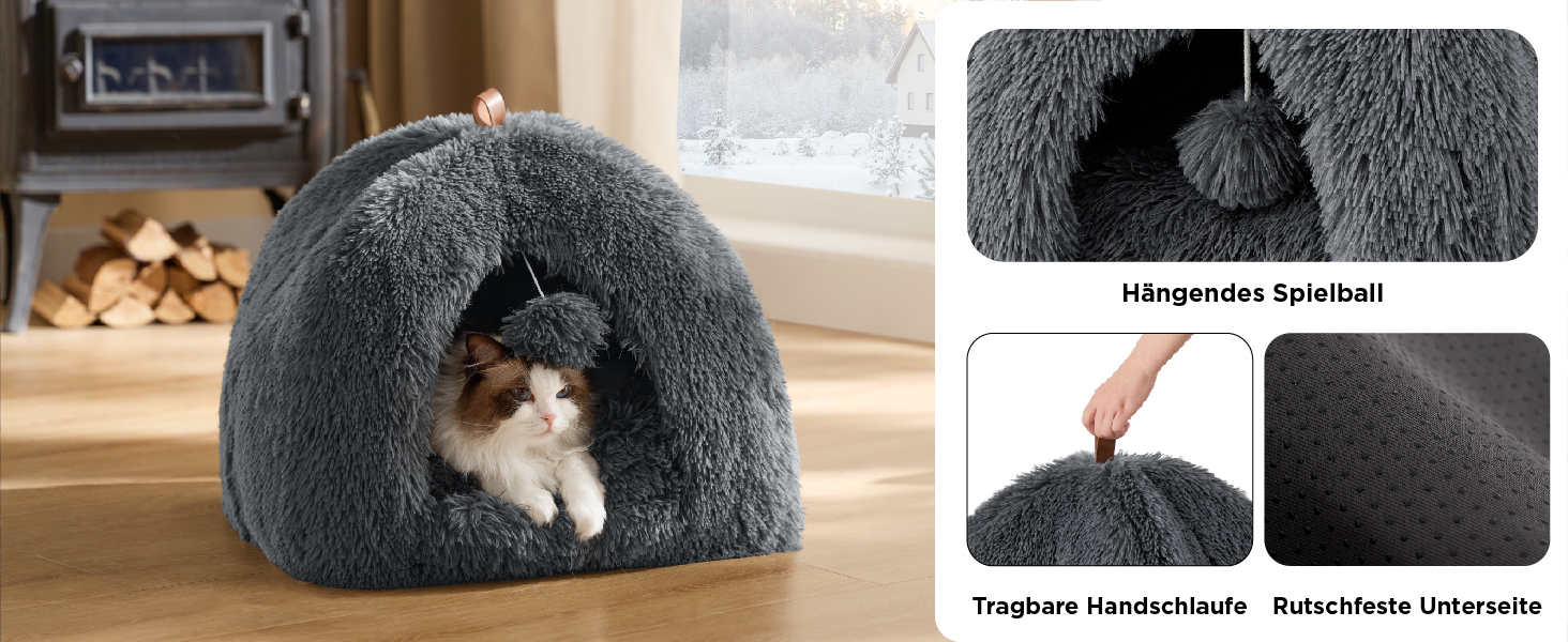 Ліжко для котів BEDSURE велике, 44x44x44 см, сіре. З м'якою подушкою та іграшкою. Легко миється. Внутрішній будиночок для кота.