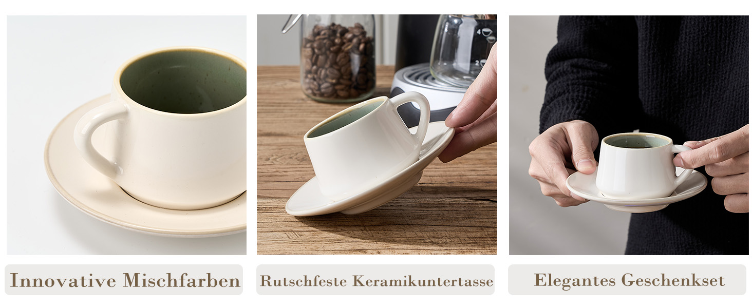 Набір керамічних чашок та підставок для кави з металевим стійкою (6 шт.), 130 мл - Cappuccino, Espresso, Latte, Americano, Чай, чорний колір