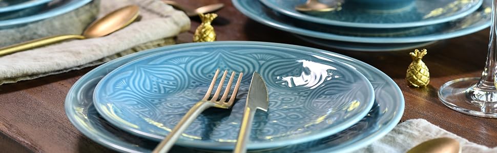 Набір посуду CreaTable Serie Orient Mandala 18 предметів, порцеляновий, аквамарин, для мікрохвильовки та посудомийної машини, зроблено в Європі