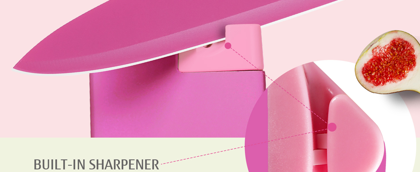 Набір ножів Hecef 14 предметів у блоці, з антипригарним покриттям, для посудомийної машини, самозаточуваний, ергономічні ручки, кухонний набір для будь-якої кухні (рожевий)