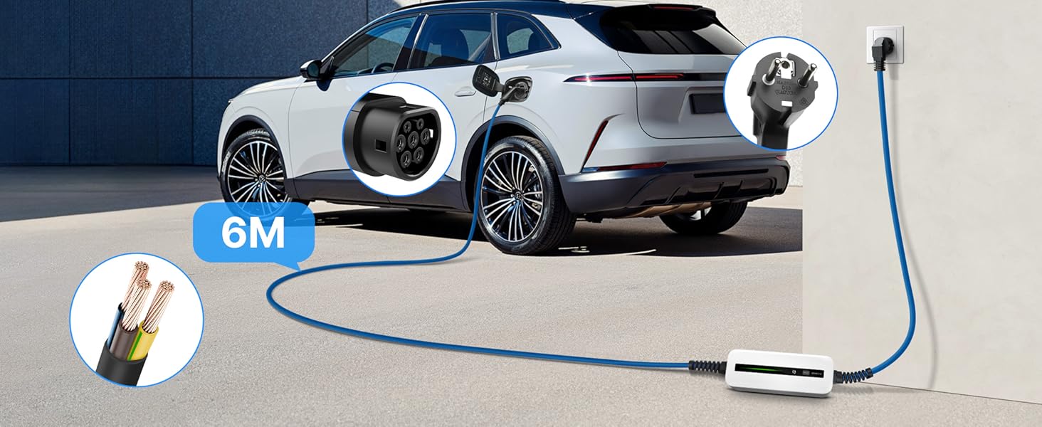 Кабель для зарядки електромобіля Тип 2, 10/16A, 6м, 220-240V, 3.6kW, з дисплеєм, Schuko, IEC 62196-2