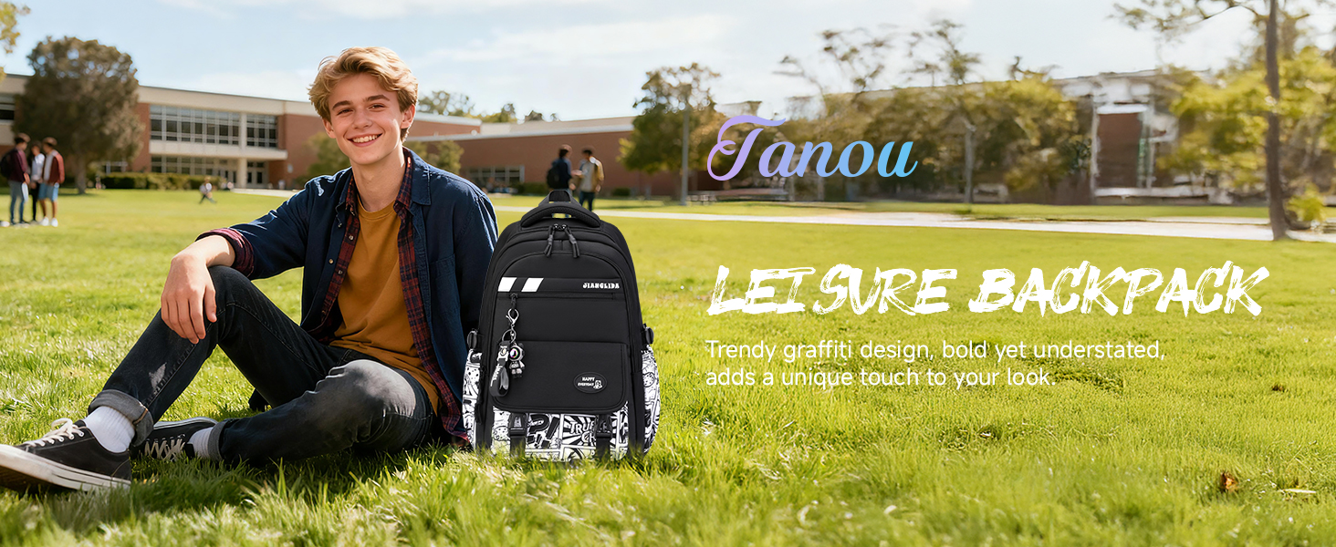 Шкільний рюкзак Tanou для хлопців-підлітків, чорний, з принтом графіті, водонепроникний, 10-18 років