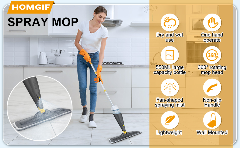 Візок для миття підлоги з розпилювачем Homgif, 360° обертання, бак 550 мл, мікрофібра, для всіх поверхонь (червоний, сірий)