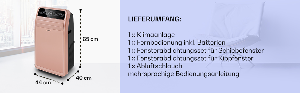 Мобільний кондиціонер Klarstein з витяжним шлангом, 4-в-1: кондиціонер, вентилятор, осушувач повітря та нічний режим, компактний та портативний для дому та офісу, низьке енергоспоживання, 7000 BTU, білий (12000 BTU, рожеве золото)