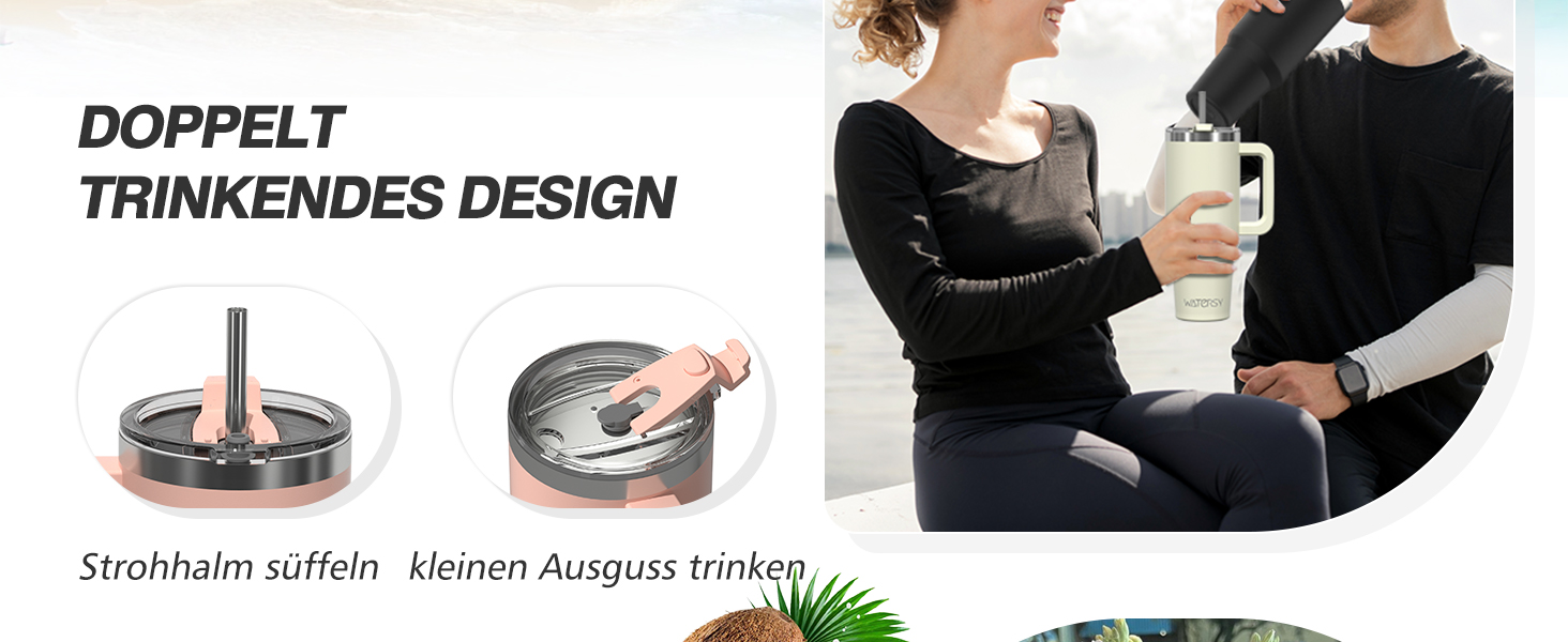 Термокружка WATERSY 40oz (1183 мл) з нержавіючої сталі, подвійні стінки, вакуумна ізоляція, без витоку, з ручкою та трубочкою, блакитний колір