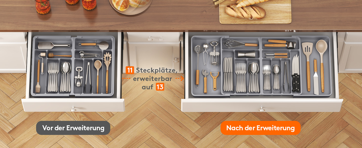 Органайзер для столових приборів Lifewit в шухляду, регульований (54.1-91.4 см x 43 см), 11-13 відділень, пластиковий, для ножів, виделок, ложок