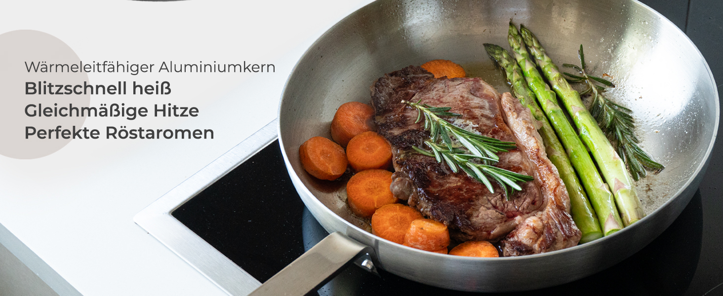 Сковорода нержавіюча WALDWERK 28 см індукційна, жароміцна - без покриття, з шкіряною ручкою