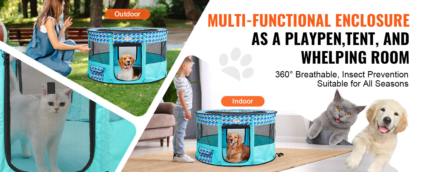 Клітка для цуценят VEVOR, розкладний вольєр для собак, 914 x 914 x 584 мм, 600D Oxford, для малих та середніх тварин (Блакитний)