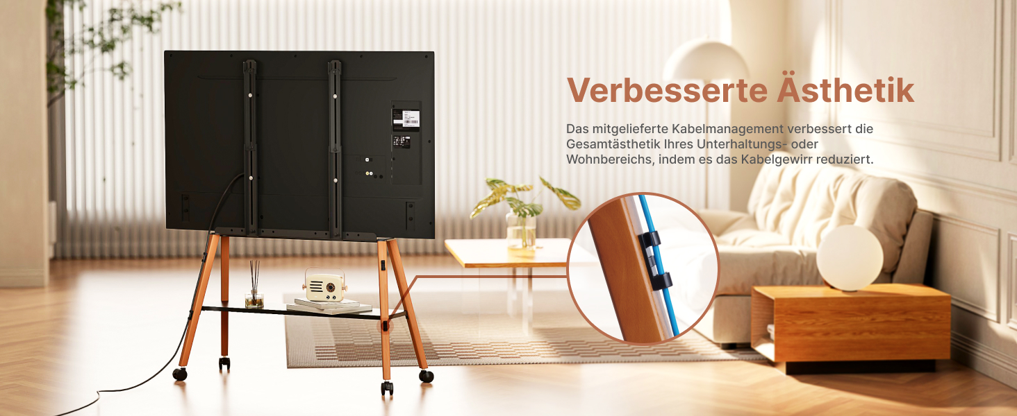 Підставка для телевізора ECOTINY на колесах для 49-75 дюймів, до 40 кг, Easel Design, металева конструкція та полиця з дерева, чорна