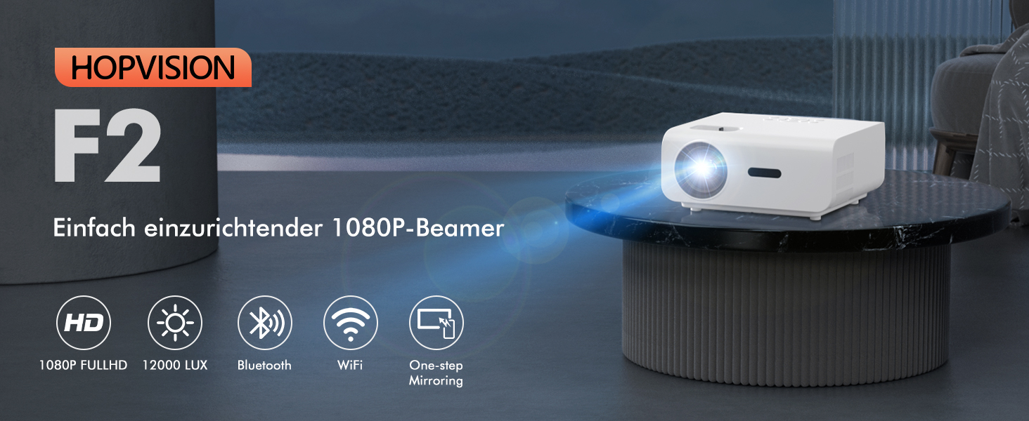 HOPVISION Міні проєктор Beamer WiFi Bluetooth Full HD 1080P 4K з зумом, 12000 Lumens. Підтримка: Smartphone, HDMI, USB, Laptop, Fire Stick, PS5. Екран 300 дюймів.
