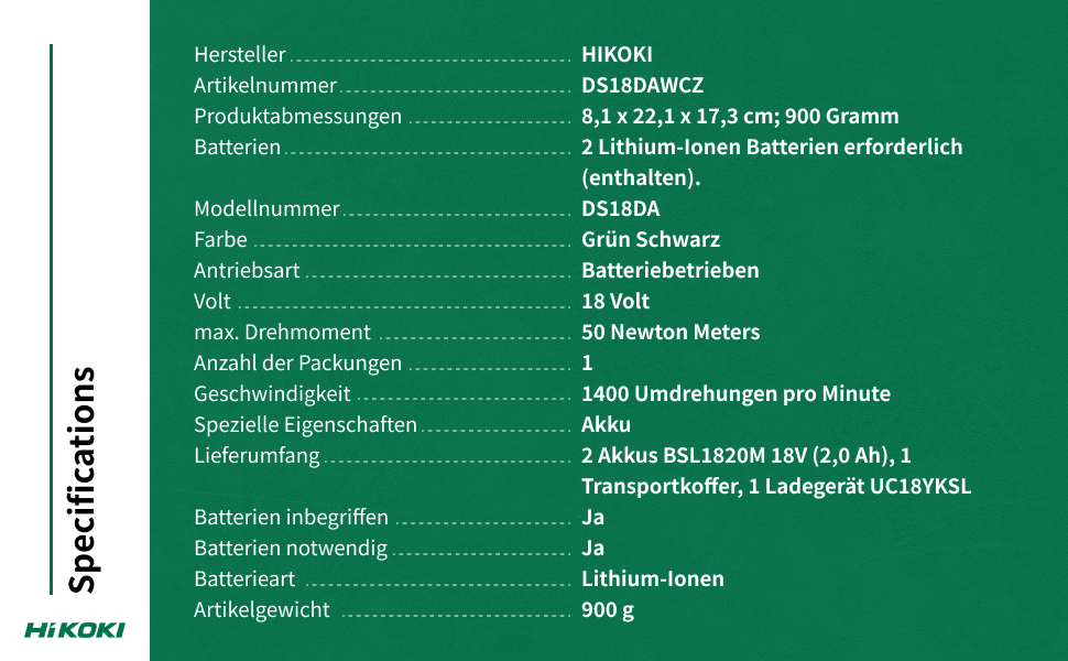 Акумуляторний дриль-шурупокрут HiKOKI DS18DA (18V, Li-Ion, 50 Нм, 20-рівневе регулювання крутного моменту, LED, у транспортному кейсі, з 2x 2.0 Ah акумуляторами та зарядним пристроєм)