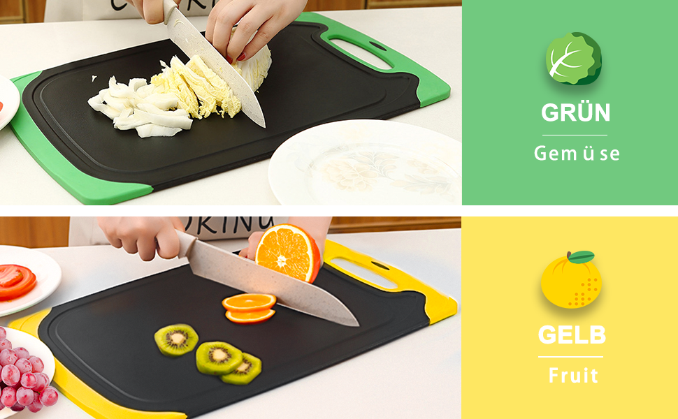 Набір обробних дощок 3 шт. | Чорний пластик з жолобками для соку та неслизькими ручками | Великі антибактеріальні дошки для кухні | BPA-Free для фруктів/овочів/м'яса (червоний+зелений+жовтий)