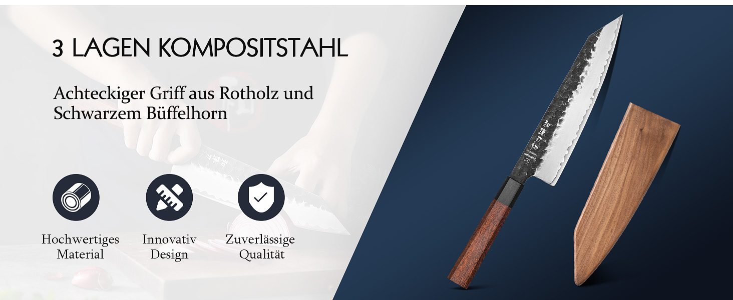 Японський ніж Kiritsuke Messer 21.5 см, сталь 3 шари, професійний, ручка з червоного дерева, дерев'яна піхва