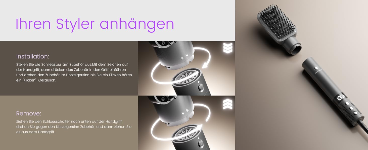 Фен-щітка Hairstyler 6 в 1: для локонів, об'єму, випрямлення та сушіння волосся, 1400W, 110000 обертів/хв, сірий