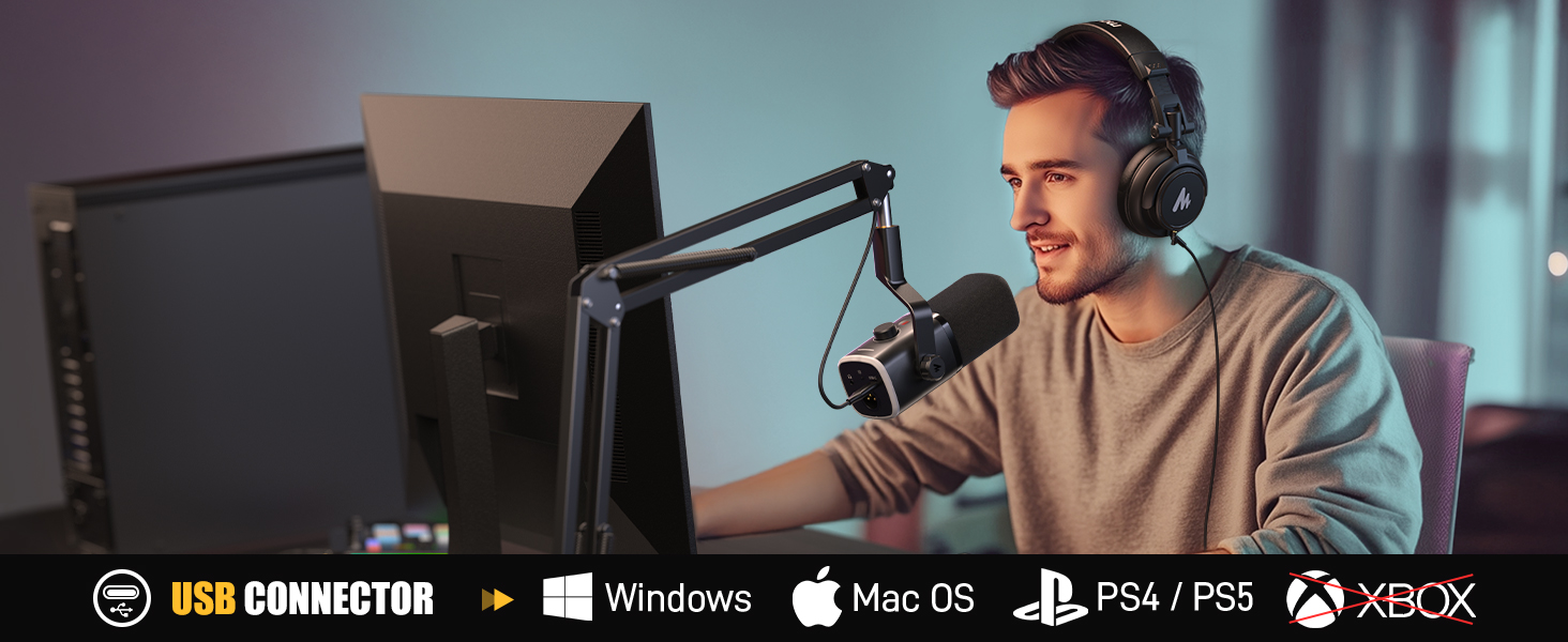 MAONO PD100XS Чорний XLR-USB Мікрофон для Стрімінгу та Запису: Динамічний мікрофон з регулюванням посилення, безшумна кнопка, для подкастів, ігор, YouTube, PS4/5, Mac