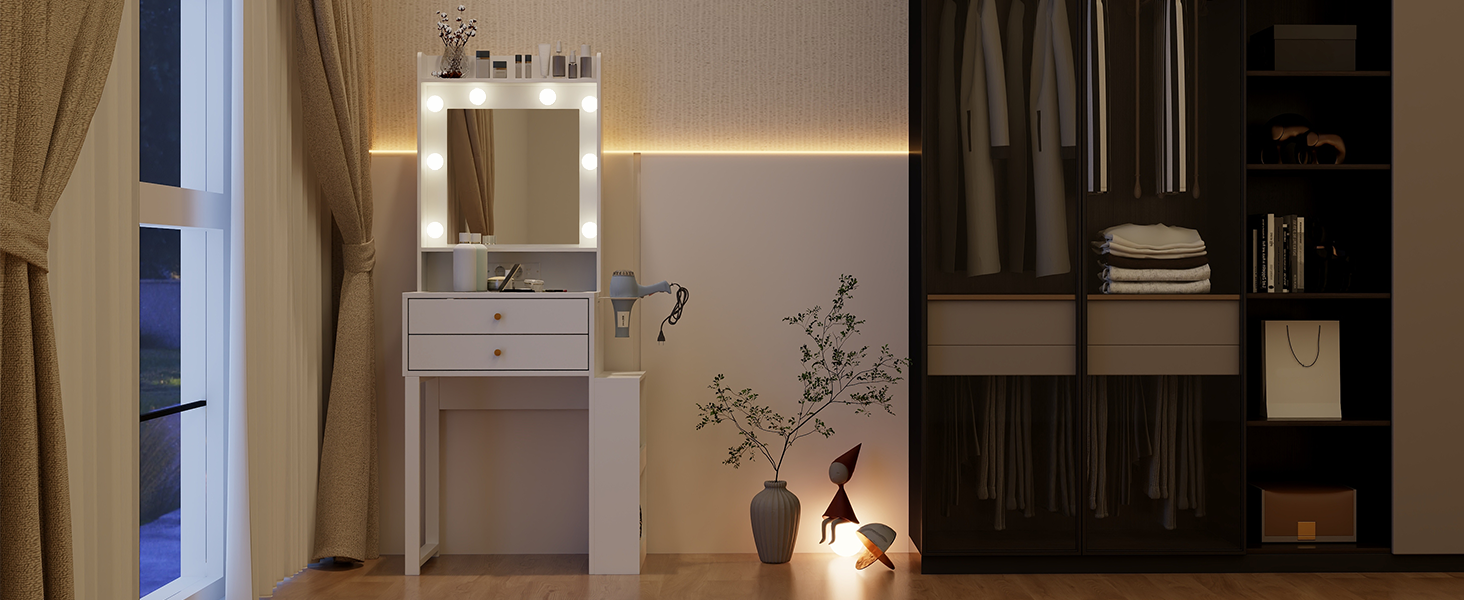 Туалетний столик YOURLITE з LED-підсвіткою, дзеркалом і розеткою, скляною стільницею та шухлядами, регульованою яскравістю, боковою шафкою і тримачем для фена, білий