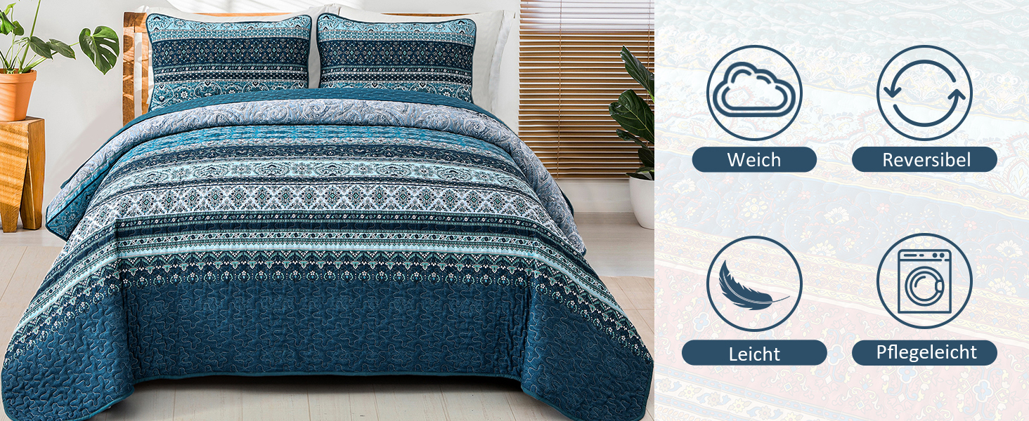 Покривало WONGS BEDDING 220x240 см, стьобане, комплект 3-в-1, мікрофібра, бохо стиль, темно-синє, з 2 наволочками 50x70 см, для двоспального ліжка або дивану