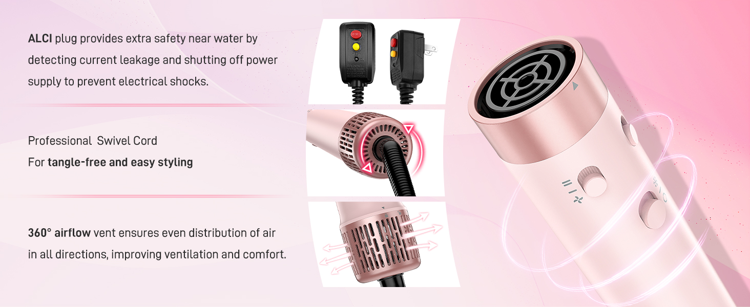 Фен-стайлер 5-в-1 для волосся з іонізацією, набір з насадками, швидка сушка, локони, випрямлення, об'єм, без пошкодження волосся, 100–240V, з сумкою, рожевий