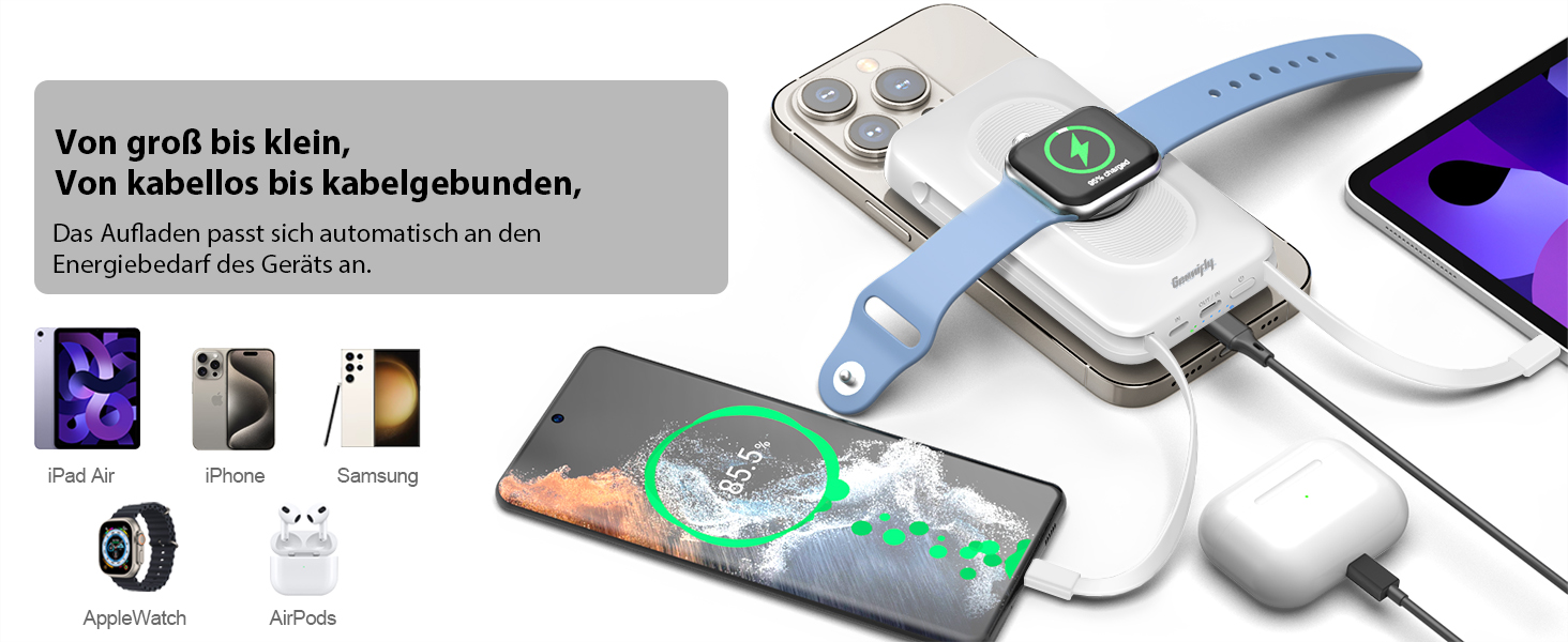 Power Bank 5-в-1 з 2 кабелями, 10000 mAh, магнітна бездротова батарея з кріпленням та підставкою, швидка зарядка, зовнішній акумулятор для iPhone 16/15/14/13, iWatch, подорожі, кемпінг, на вулицю