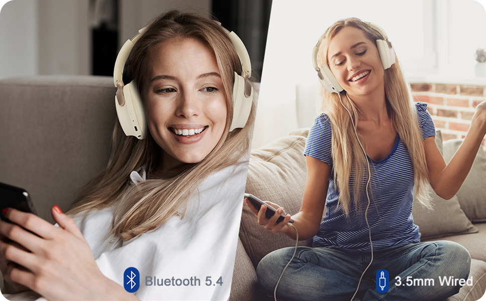 RORSOU B8 Бездротові навушники Over-Ear Bluetooth з мікрофоном, 6 режимів EQ, 50 годин роботи, глибокий бас, Hi-Fi стерео, для iPad/Tablet/PC (Бежево-Білий)