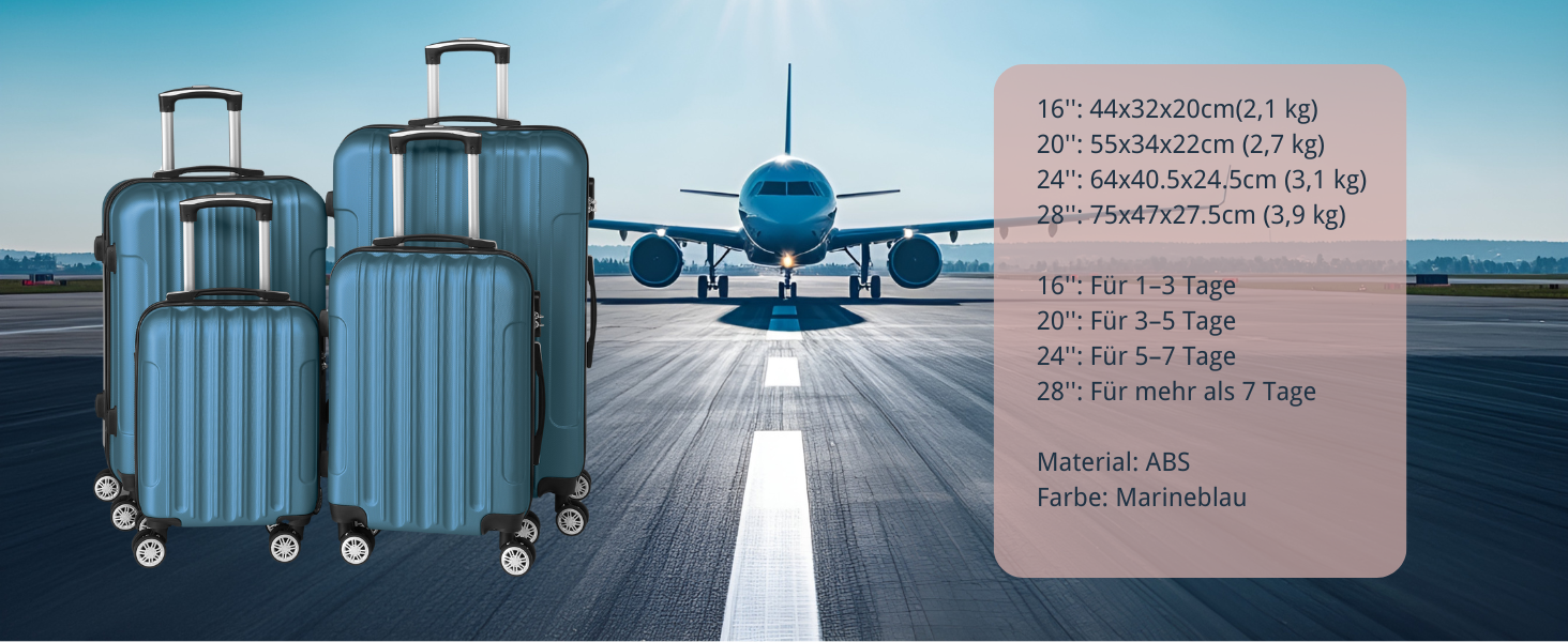 Набір валіз LEADZM 4 шт., дорожній набір, валізи з ABS-пластику з телескопічною ручкою, ручна поклажа (Морська синя)