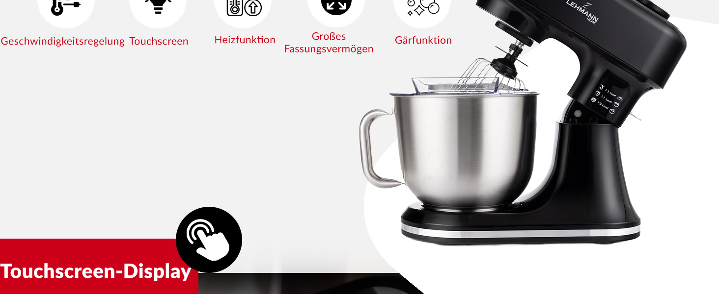 Кухонна машина Lehmann з дисплеєм, 12 швидкостей, функція ферментації з підігрівом, вбудована вага, таймер, міксер з 3 насадками та 5л чашею