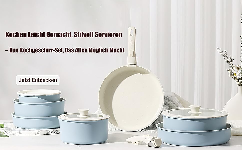 Набір посуду з антипригарним покриттям 11 предметів з знімними ручками (рожевий). Підходить для індукційних, газових плит, духовки та мийної машини. Без PFAS.