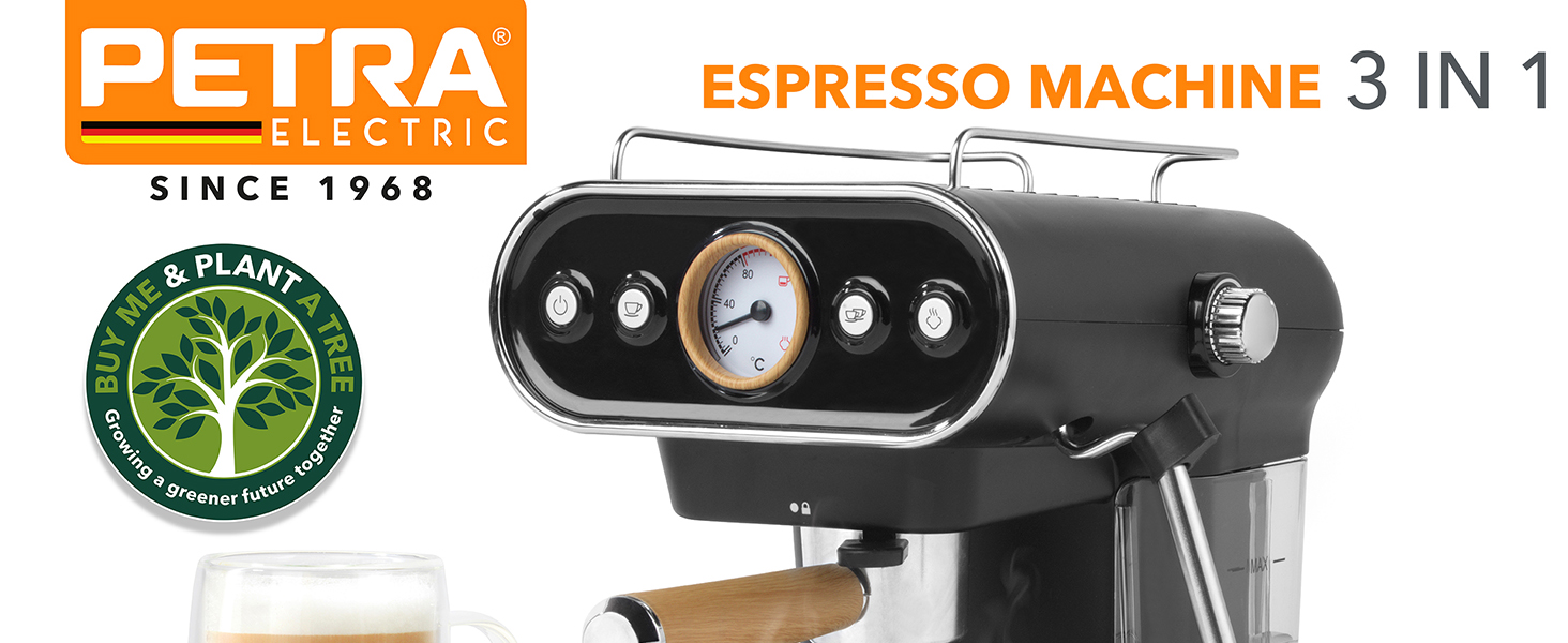 Petra Coffee Machine Barista Pro 1.5L, Semi-Automatic Espresso Machine with Milk Frother, Small Coffee Machine for Espresso & Cappuccino, Coffee Maker 15 Bar, 850W (3-in-1 Barista Coffee Machine)