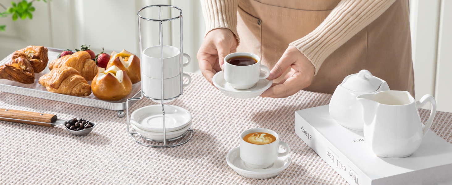 Набір чашок еспресо MALACASA 4 шт., 75 мл, з підставками та стійкою, біле порцелянове виробництво Італії, сумісні з посудомийною машиною, серія Regular 75 мл