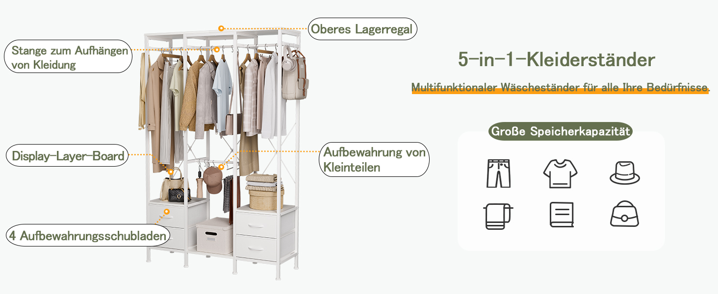 Відкрита шафа для одягу з вішалкою та 4 шухлядами, біла. Підходить для спальні, вітальні, передпокою. Стабільна та міцна.