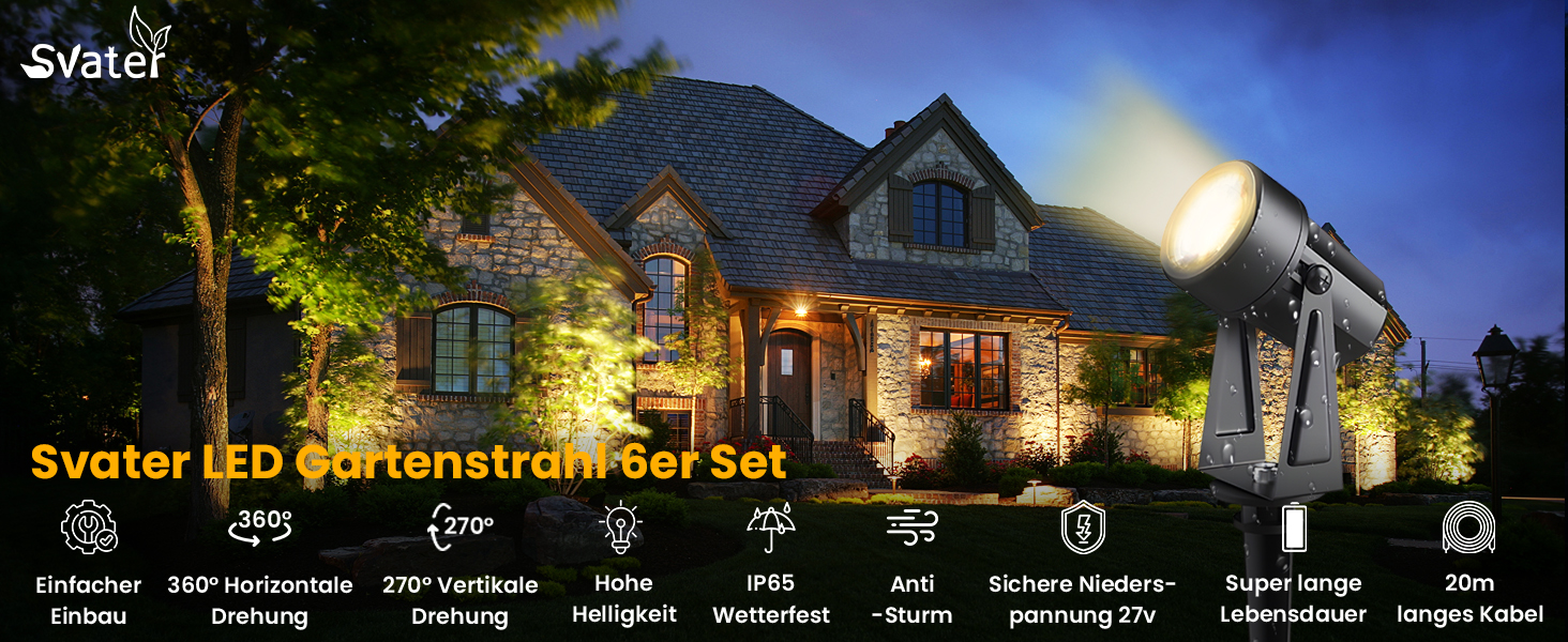 LED Garden Lighting Set with Power, 14M, 4 Spotlights, Warm White 3000K, IP65 Waterproof, 6-in-1