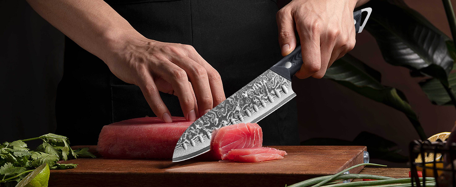 Ніж кухарський MOSFiATA Damast 8 дюймів - Японський ніж з дамаської сталі, з чохлом, захистом для пальців та подарунковою упаковкою