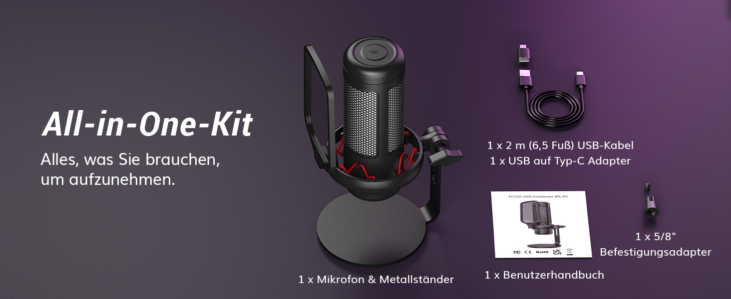 Мікрофон геймерський TONOR TC310 USB для ПК, PS4/PS5 з RGB підсвіткою та тримачем