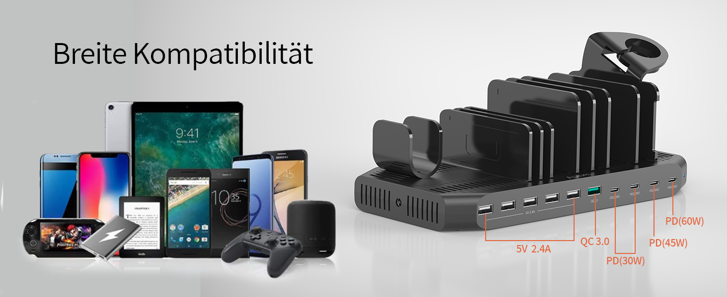 Зарядний пристрій Alxum 60W USB, 10 портів, 5V/2.4A, для телефонів, планшетів, Kindle, з регульованими перегородками, швидка зарядка QC 3.0, чорний
