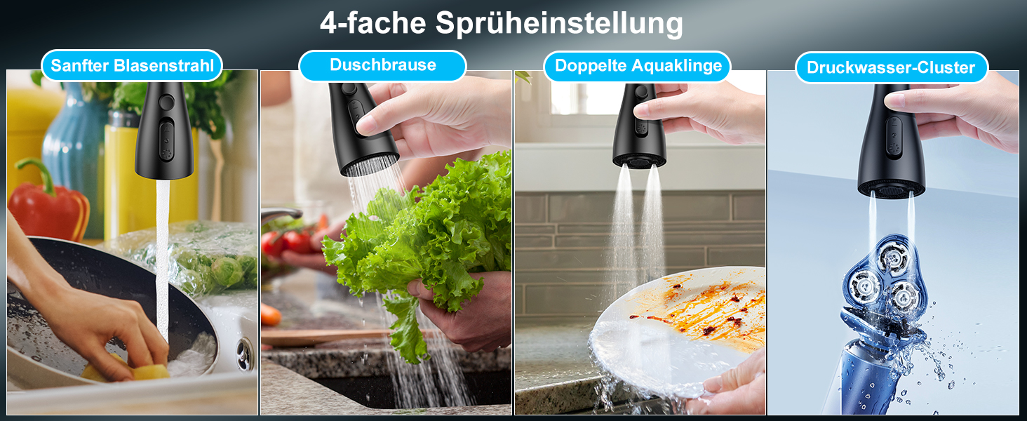 Змішувач кухонний висувний з нержавіючої сталі з 360° обертанням та 4 режимами, для кухонних мийок, з ABS-розпилювачем, підходить лише для ЄС (G3/8)