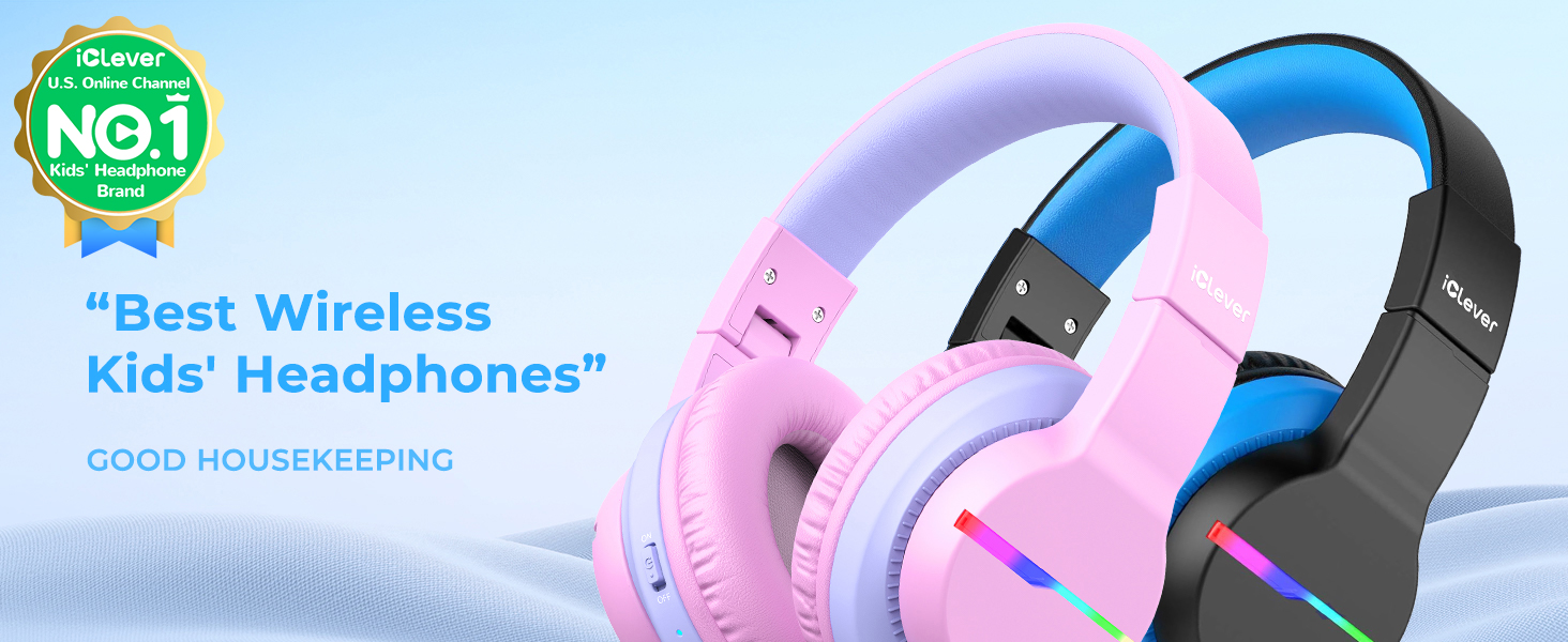 iClever Бездротові навушники для дітей 2 шт. з LED-підсвічуванням, Over-Ear, обмеження гучності 74/85 дБ, 85 годин роботи, Bluetooth 5.2, мікрофон, чорний/рожевий