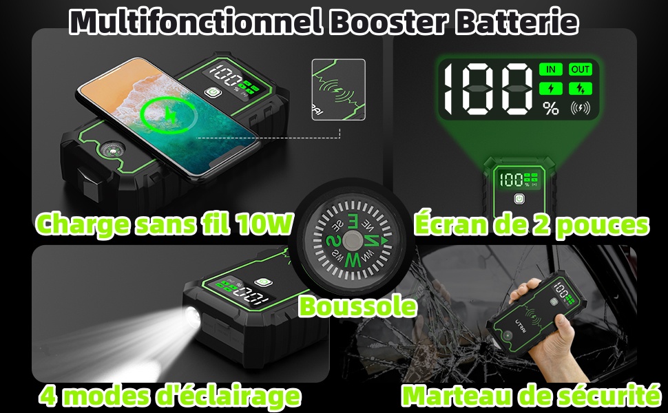 Бустерний пускач автомобіля UTRAI 6000A Powerbank 27000mAh з індукційною зарядкою 10W, ліхтариком, компасом та молотком для бензинових та дизельних двигунів до 10л, зелений